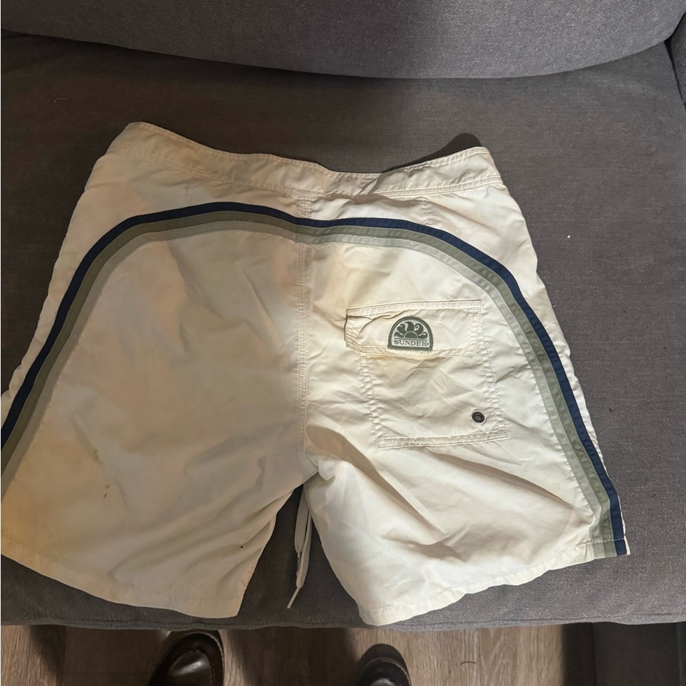 Sundek White Swim Trunks with Blue and Green Stripes